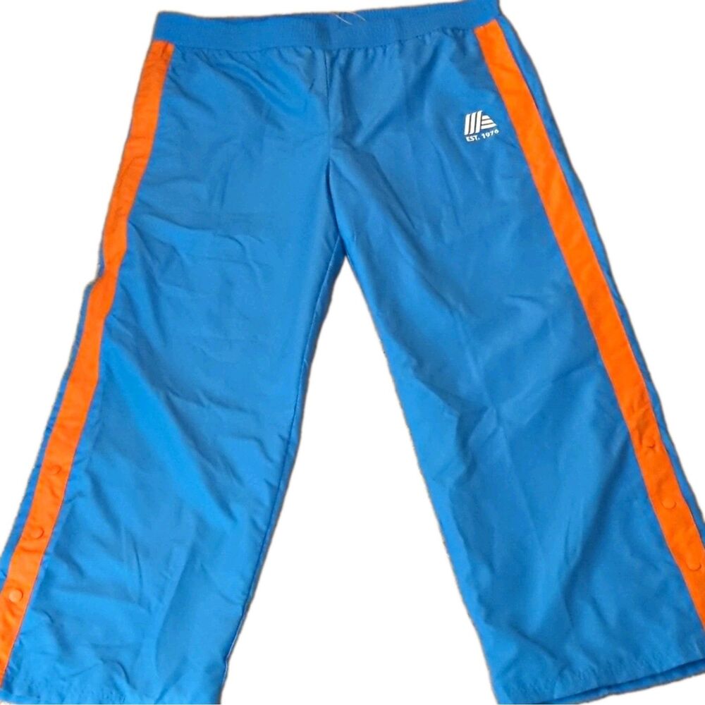 NWT ALDI Gear Men's Blue Track Pants Orange Side Stripe Snaps Elastic Waist XL